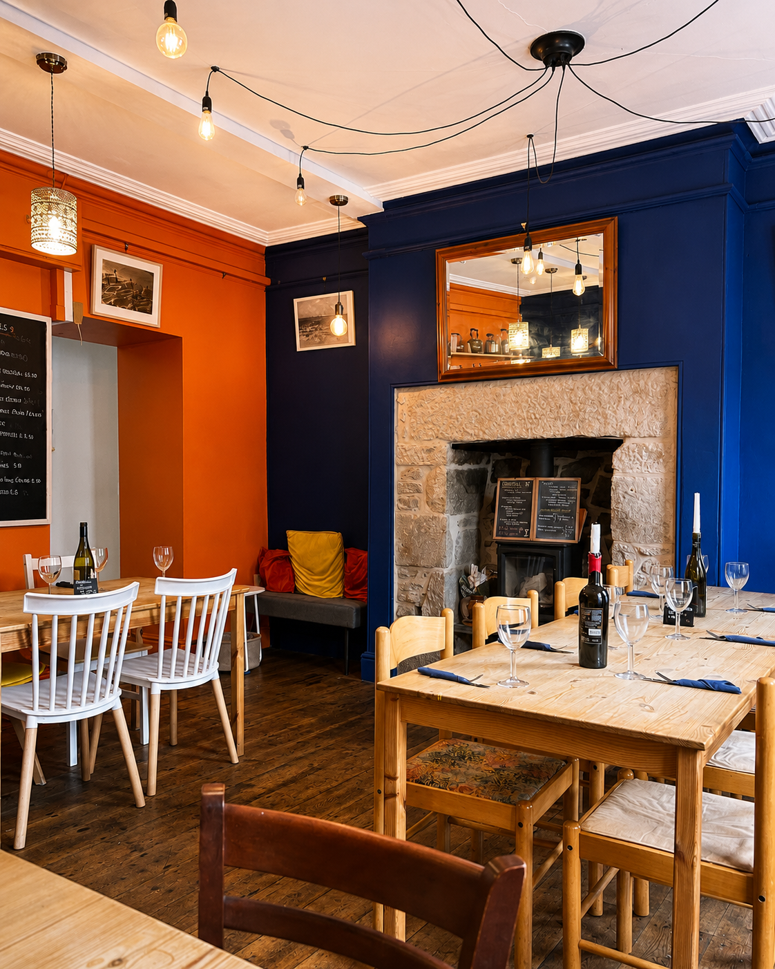 Dining room and fireplace inside The Copper Kettle