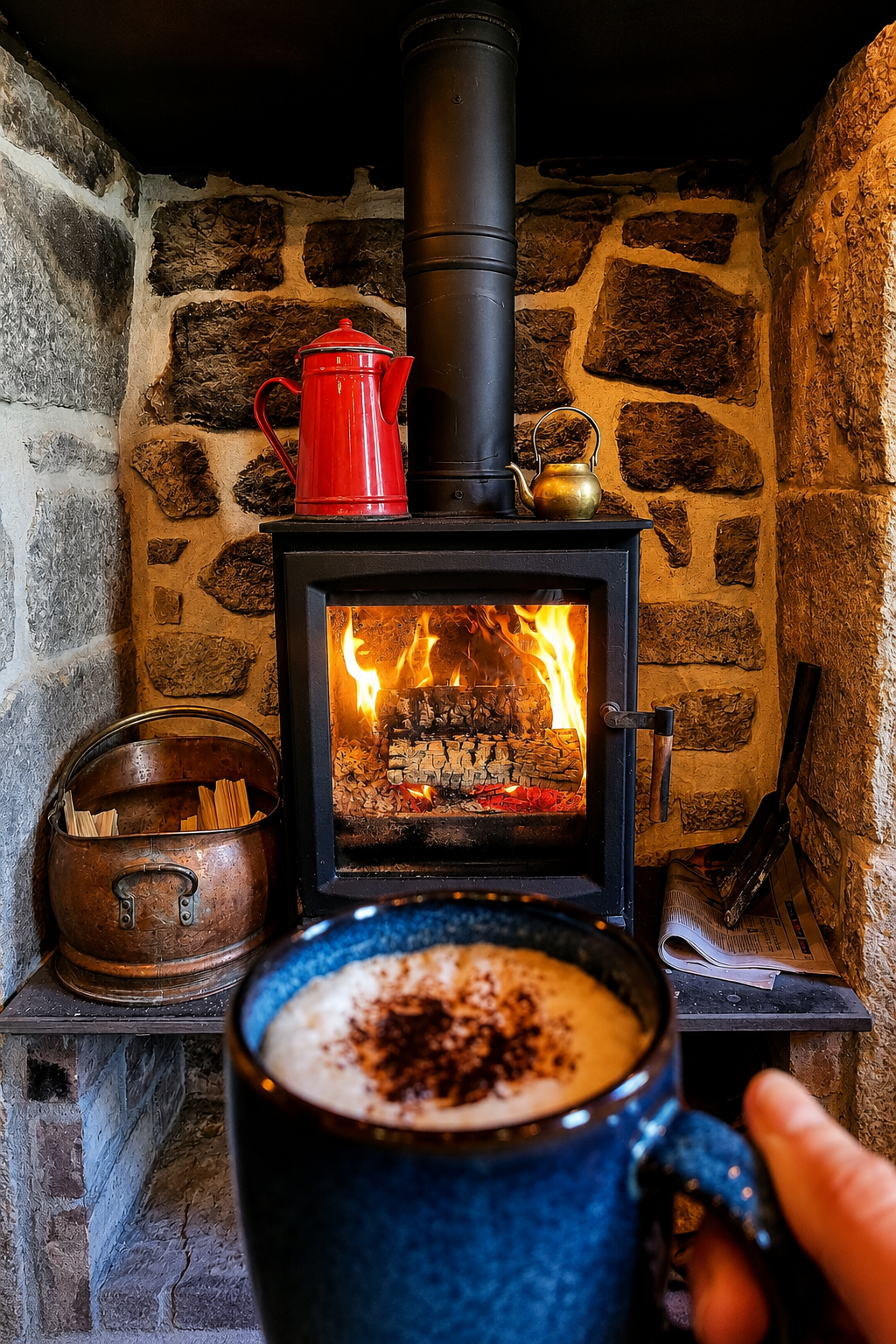 Coffee by the lit stove