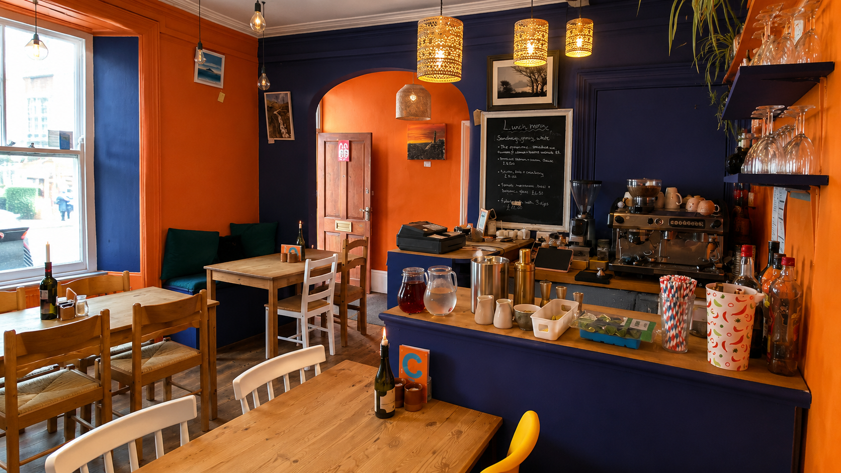 Dining room and counter inside The Copper Kettle